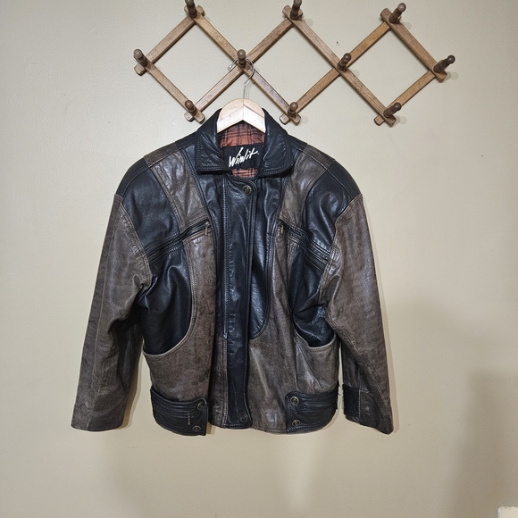 Authentic Vintage 1980s Winlet Leather Jacket Size S Moto Zips Plaid Lining - Picture 1 of 13